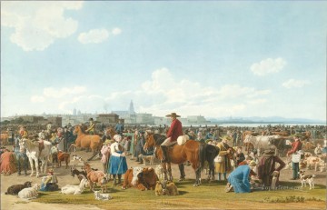 Wilhelm von Kobell Rinder Markt vor einer Großstadt auf einem See 1820 Ölgemälde
